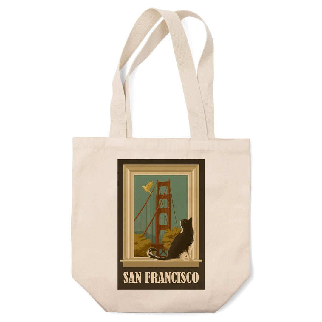 San Francisco, California, Golden Gate Bridge and Cat Window, Tote Bag Totes Lantern Press 