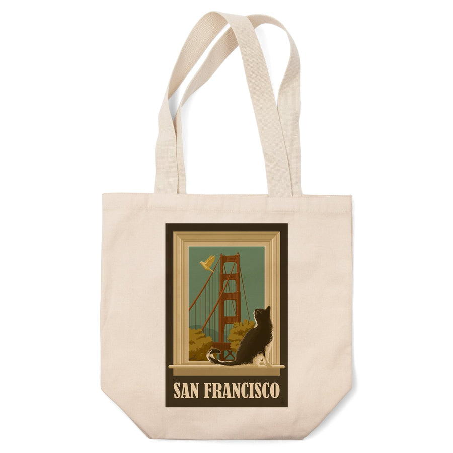 San Francisco, California, Golden Gate Bridge and Cat Window, Tote Bag Totes Lantern Press 