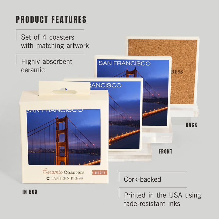San Francisco, California, Golden Gate Bridge and Skyline, Coasters Coasters Lantern Press 