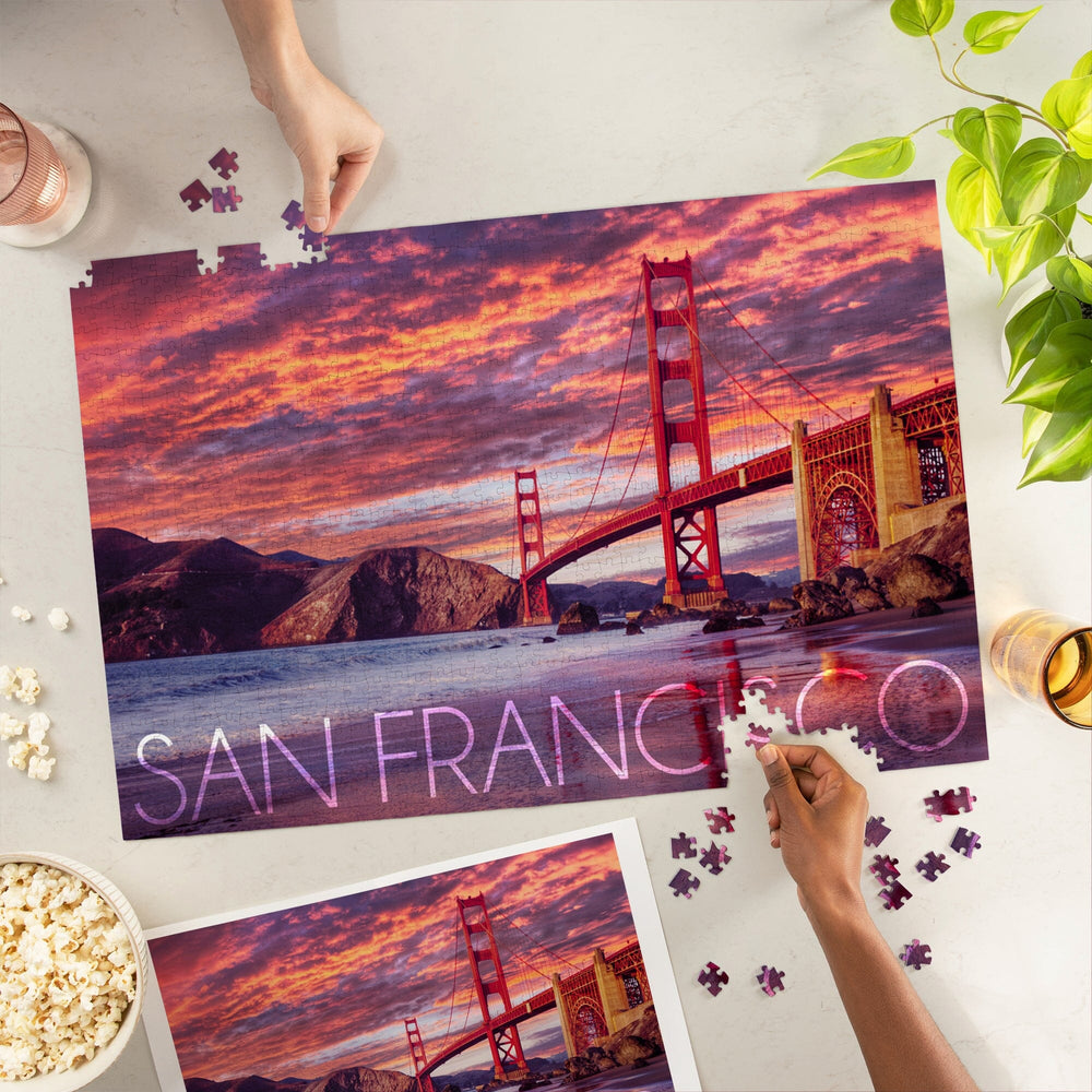 San Francisco, California, Golden Gate Bridge and Sunset, Jigsaw Puzzle Puzzle Lantern Press 