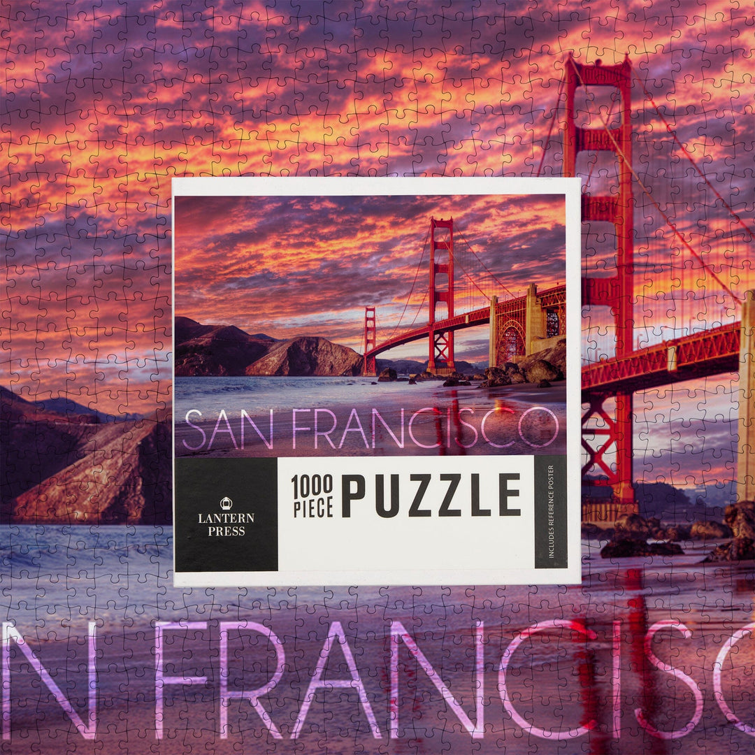 San Francisco, California, Golden Gate Bridge and Sunset, Jigsaw Puzzle Puzzle Lantern Press 