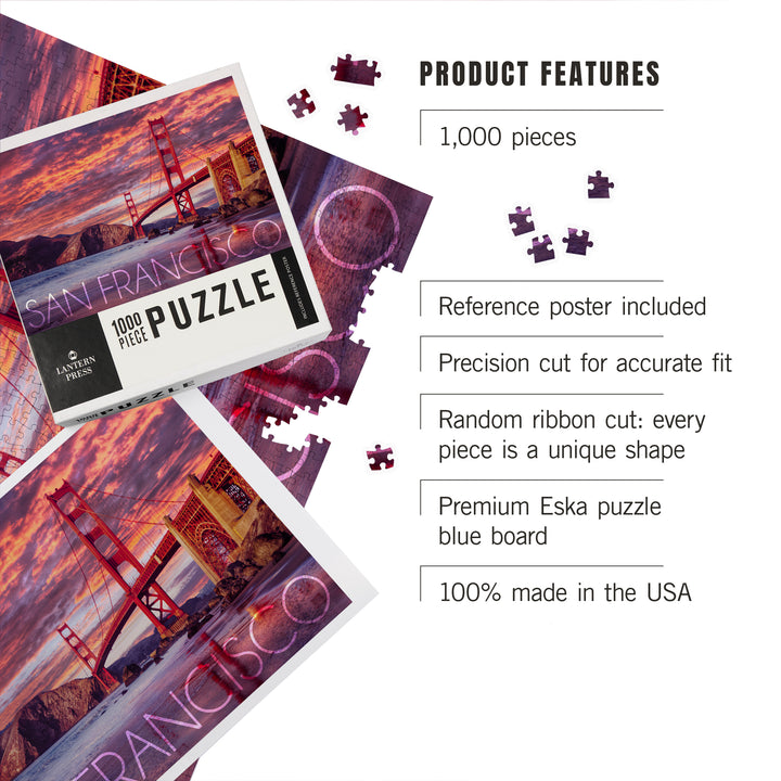 San Francisco, California, Golden Gate Bridge and Sunset, Jigsaw Puzzle Puzzle Lantern Press 