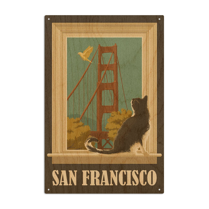San Francisco, California, Golden Gate Bridge & Cat Window, Lantern Press Artwork, Wood Signs and Postcards Wood Lantern Press 10 x 15 Wood Sign 