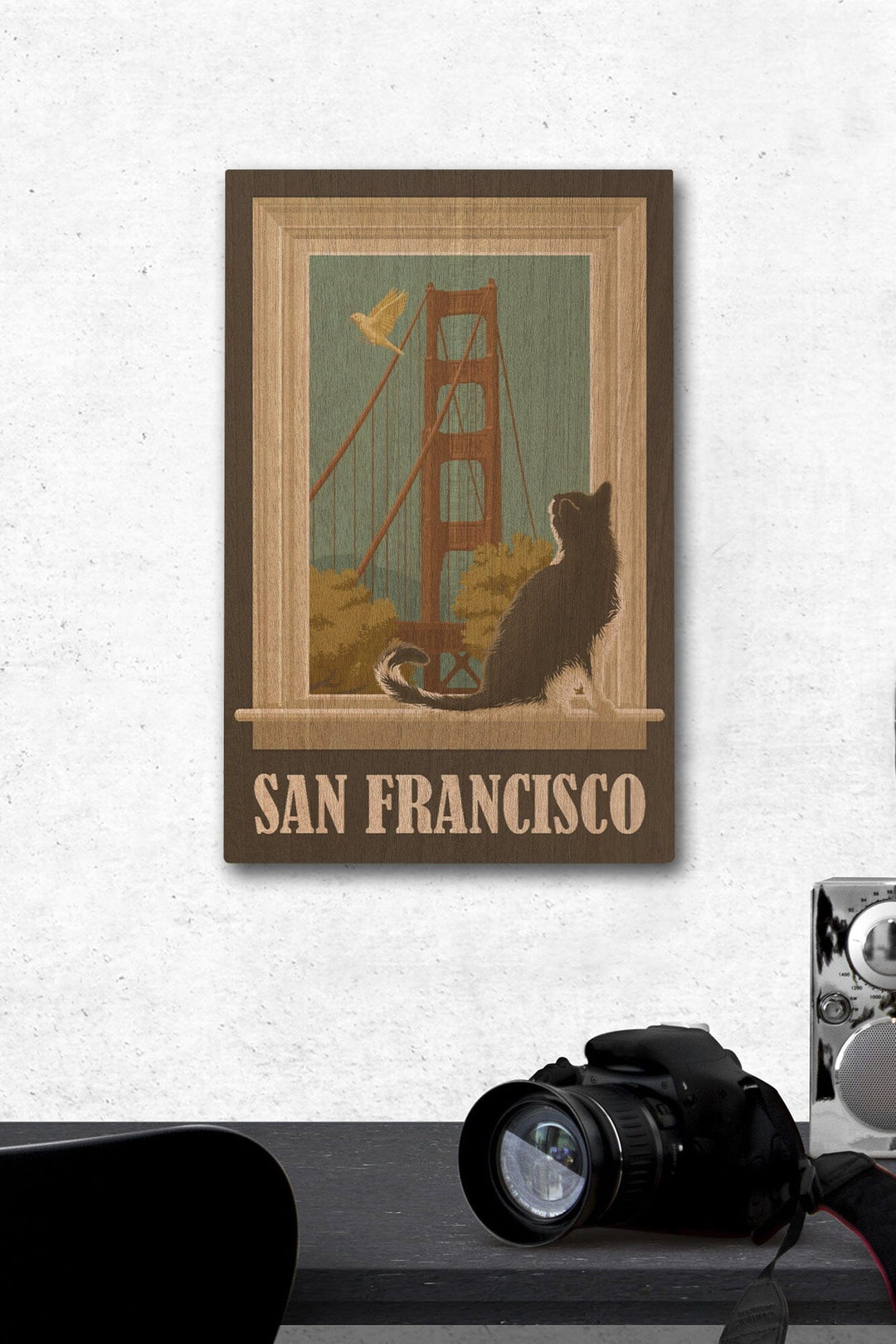 San Francisco, California, Golden Gate Bridge & Cat Window, Lantern Press Artwork, Wood Signs and Postcards Wood Lantern Press 12 x 18 Wood Gallery Print 