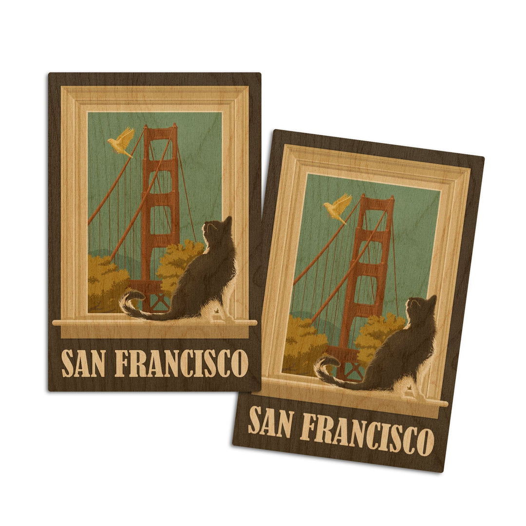 San Francisco, California, Golden Gate Bridge & Cat Window, Lantern Press Artwork, Wood Signs and Postcards Wood Lantern Press 4x6 Wood Postcard Set 