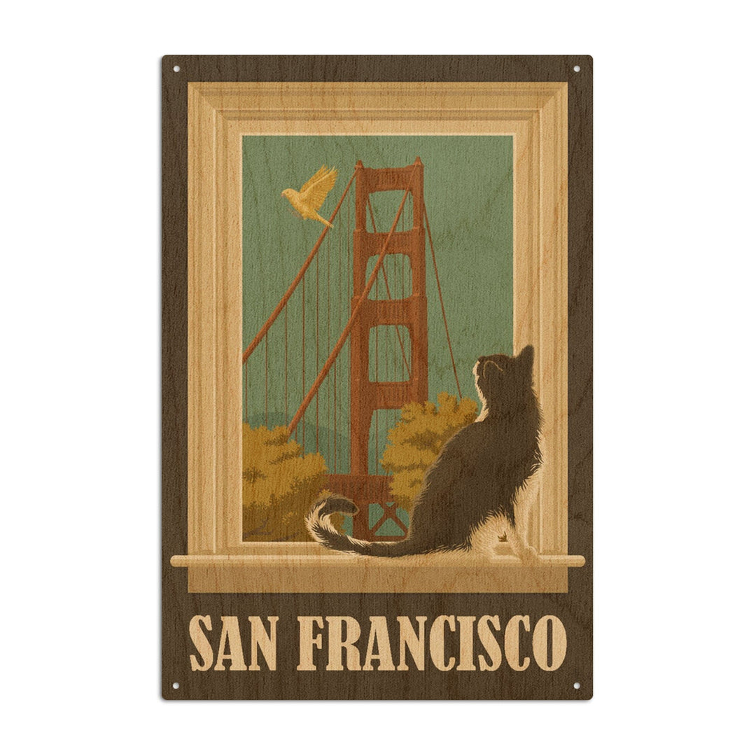 San Francisco, California, Golden Gate Bridge & Cat Window, Lantern Press Artwork, Wood Signs and Postcards Wood Lantern Press 6x9 Wood Sign 