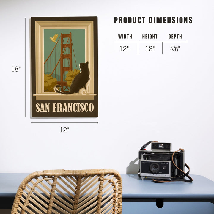 San Francisco, California, Golden Gate Bridge & Cat Window, Lantern Press Artwork, Wood Signs and Postcards Wood Lantern Press 