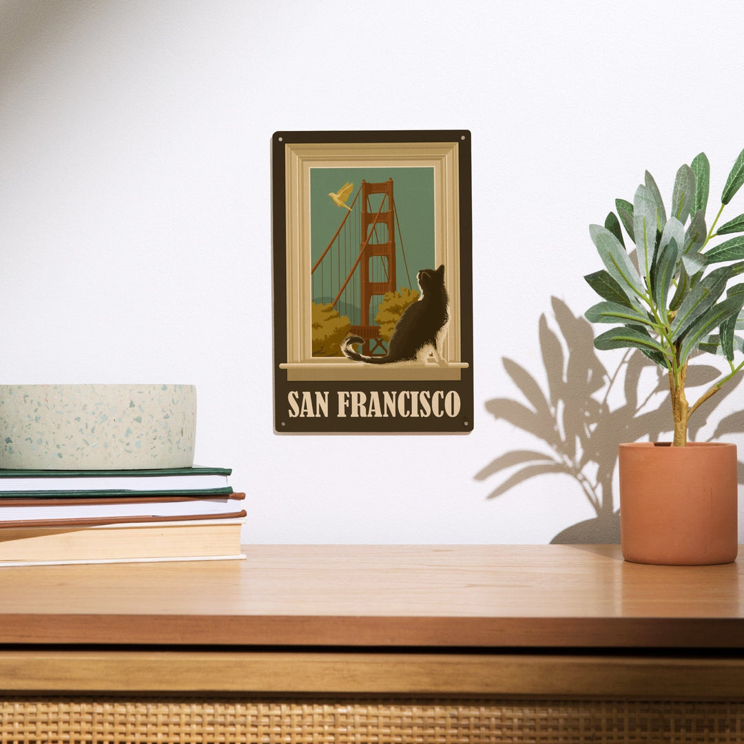 San Francisco, California, Golden Gate Bridge & Cat Window, Lantern Press Artwork, Wood Signs and Postcards Wood Lantern Press 