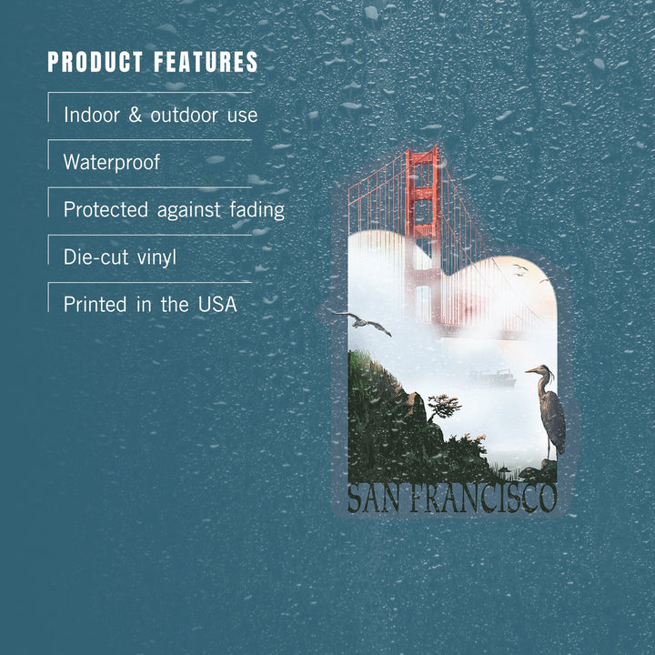 San Francisco, California, Golden Gate Bridge in Fog, Contour, Lantern Press Artwork, Vinyl Sticker Sticker Lantern Press 