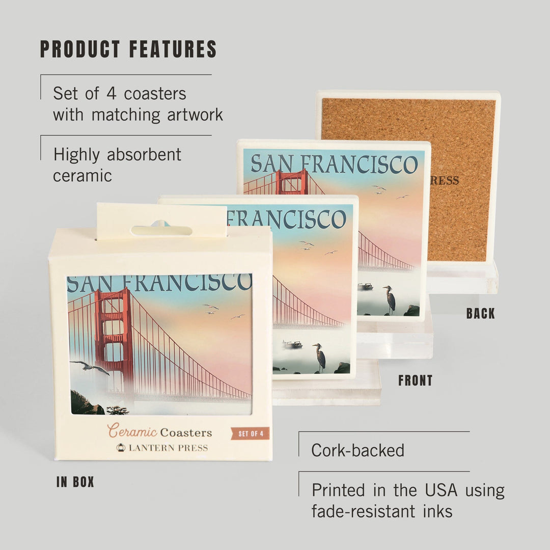 San Francisco, California, Golden Gate Bridge in Fog, Lantern Press Artwork, Coaster Set Coasters Lantern Press 