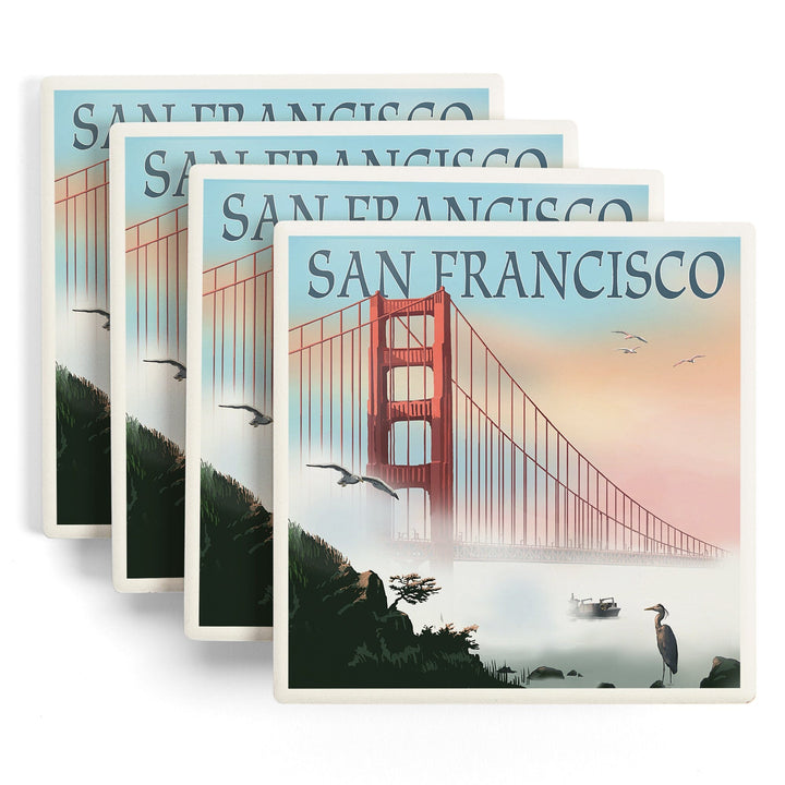 San Francisco, California, Golden Gate Bridge in Fog, Lantern Press Artwork, Coaster Set Coasters Lantern Press 