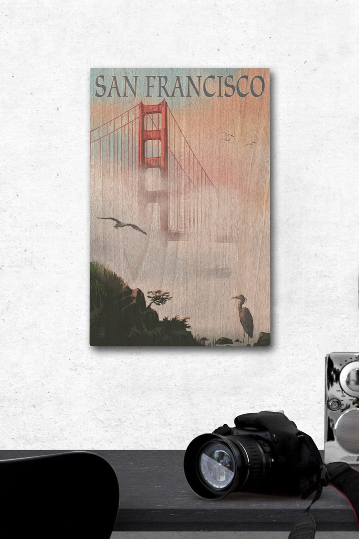 San Francisco, California, Golden Gate Bridge in Fog, Lantern Press Artwork, Wood Signs and Postcards Wood Lantern Press 12 x 18 Wood Gallery Print 