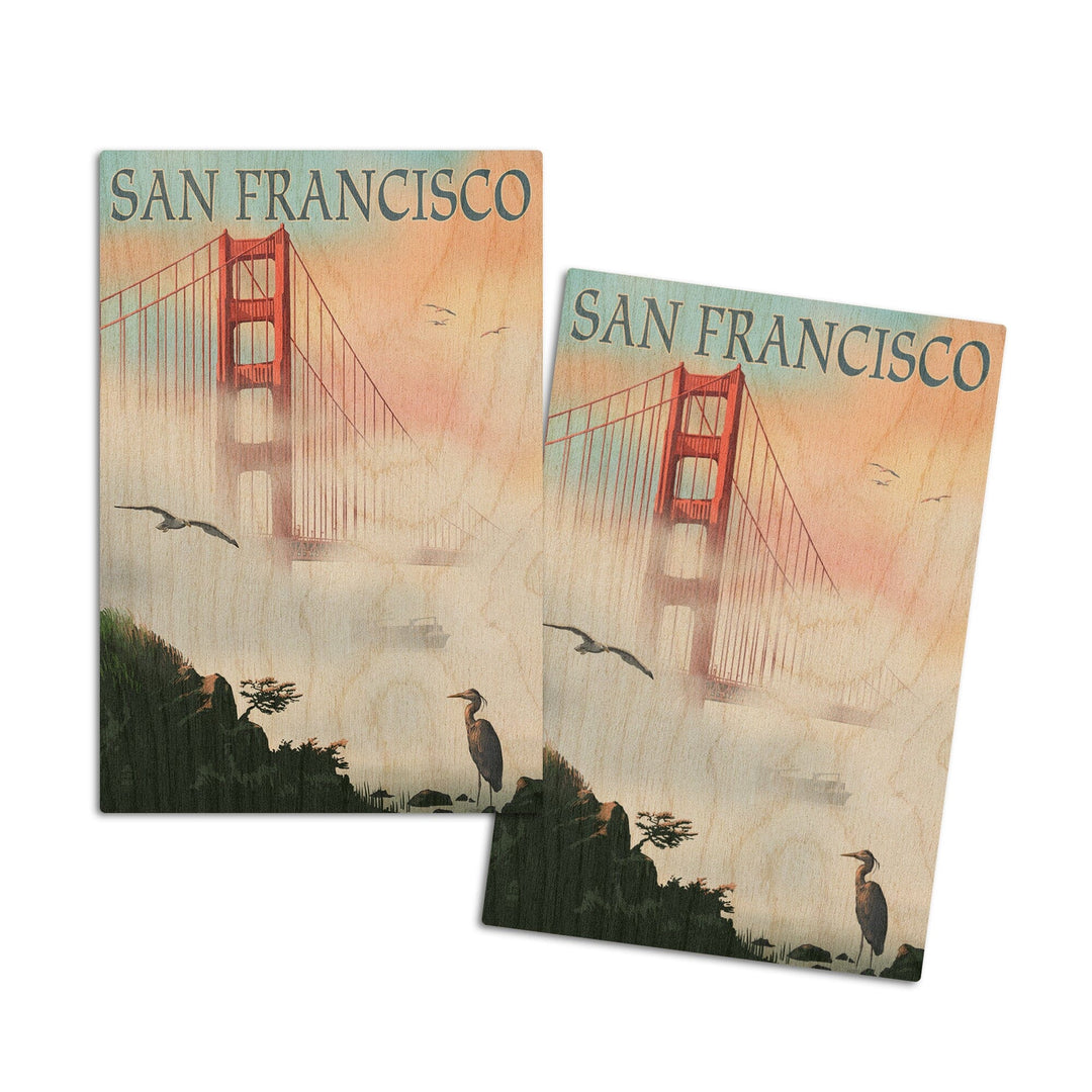 San Francisco, California, Golden Gate Bridge in Fog, Lantern Press Artwork, Wood Signs and Postcards Wood Lantern Press 4x6 Wood Postcard Set 