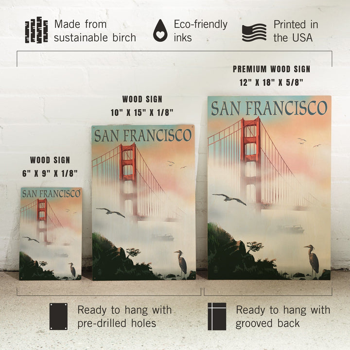San Francisco, California, Golden Gate Bridge in Fog, Lantern Press Artwork, Wood Signs and Postcards Wood Lantern Press 
