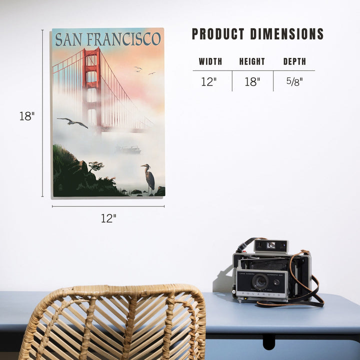 San Francisco, California, Golden Gate Bridge in Fog, Lantern Press Artwork, Wood Signs and Postcards Wood Lantern Press 