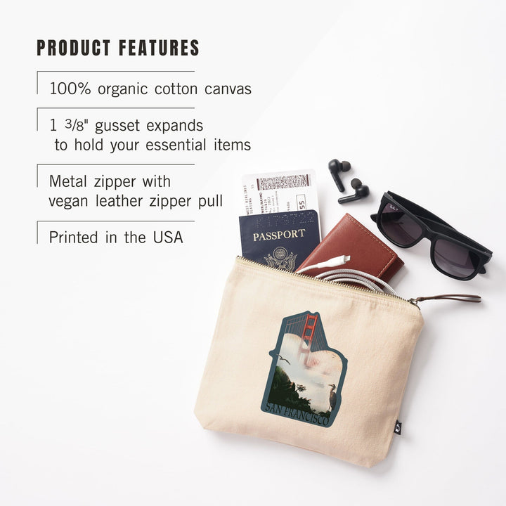 San Francisco, California, Golden Gate Bridge in Fog,, Organic Cotton Zipper Pouch, Go Bag Go Bag Lantern Press 