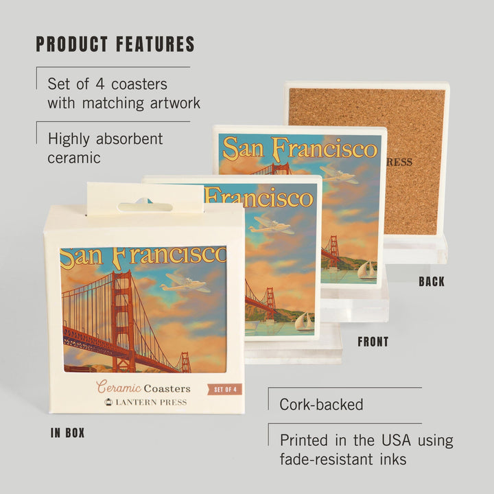 San Francisco, California, Golden Gate Bridge, Lantern Press Artwork, Coaster Set Coasters Lantern Press 