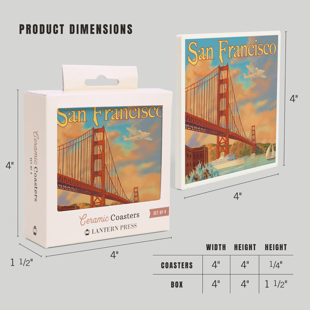 San Francisco, California, Golden Gate Bridge, Lantern Press Artwork, Coaster Set Coasters Lantern Press 