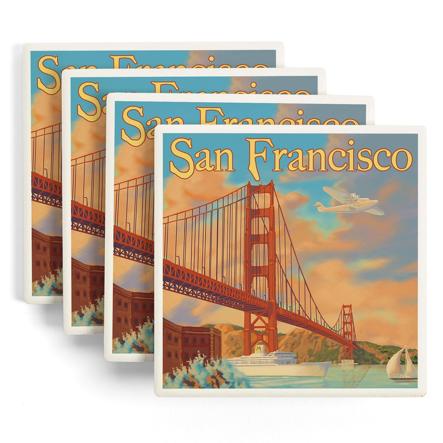 San Francisco, California, Golden Gate Bridge, Lantern Press Artwork, Coaster Set Coasters Lantern Press 