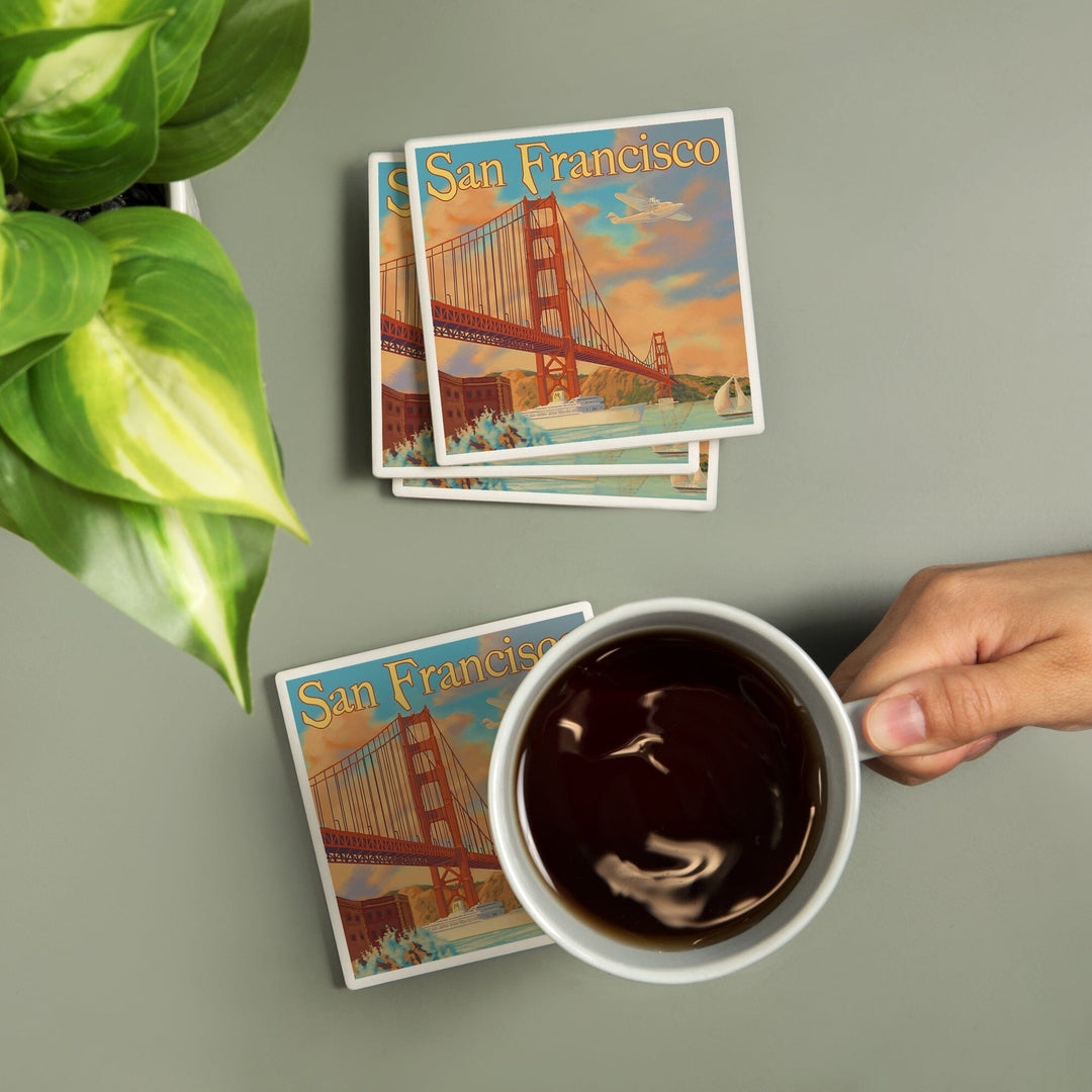 San Francisco, California, Golden Gate Bridge, Lantern Press Artwork, Coaster Set Coasters Lantern Press 