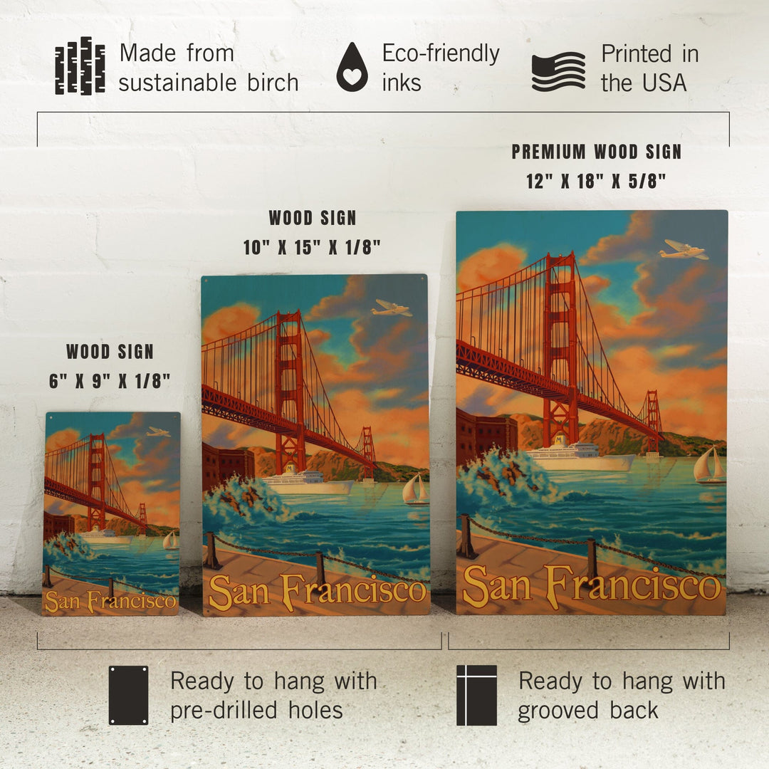 San Francisco, California, Golden Gate Bridge, Lantern Press Artwork, Wood Signs and Postcards Wood Lantern Press 