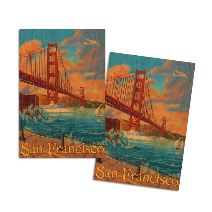 San Francisco, California, Golden Gate Bridge, Lantern Press Artwork, Wood Signs and Postcards Wood Lantern Press 4x6 Wood Postcard Set 
