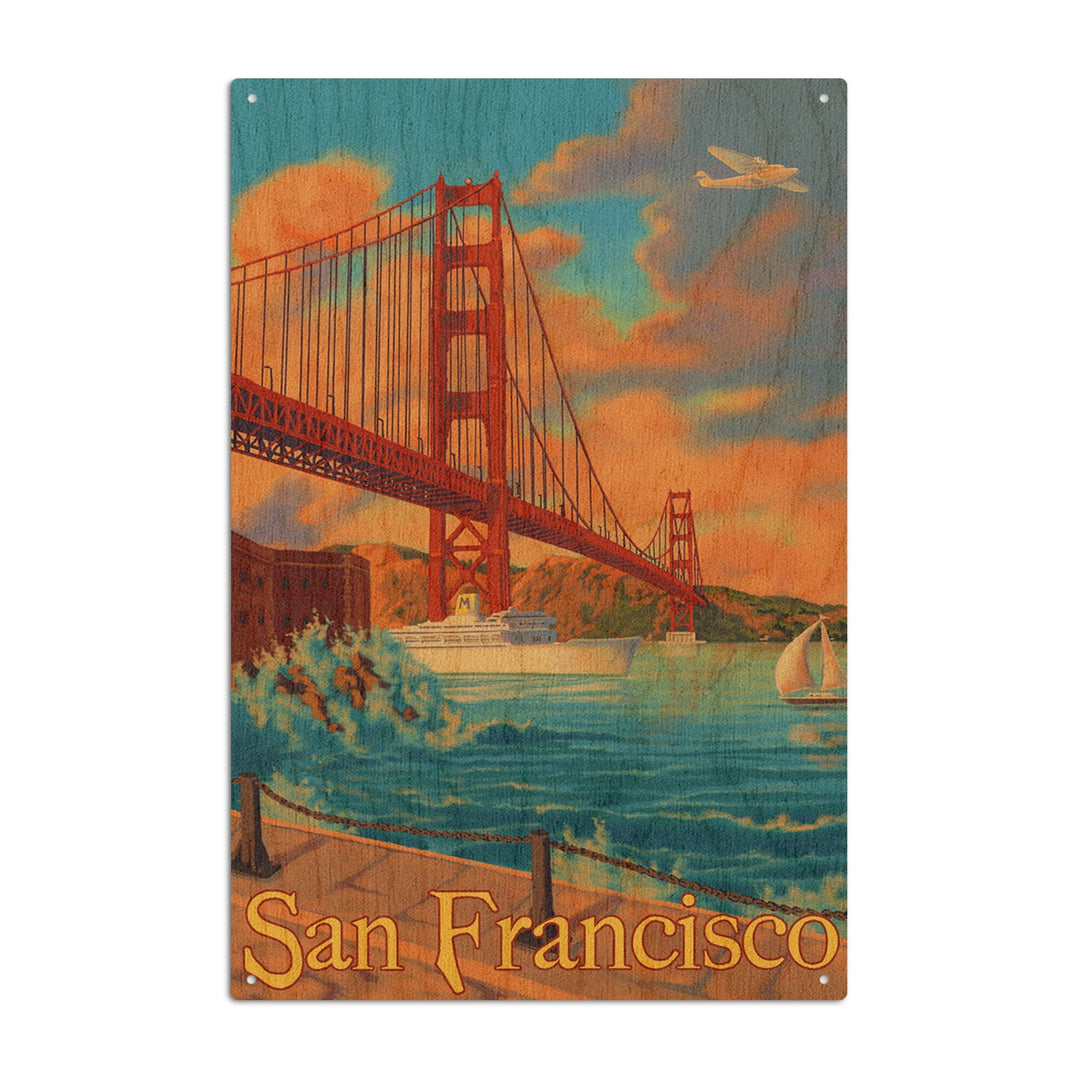 San Francisco, California, Golden Gate Bridge, Lantern Press Artwork, Wood Signs and Postcards Wood Lantern Press 6x9 Wood Sign 