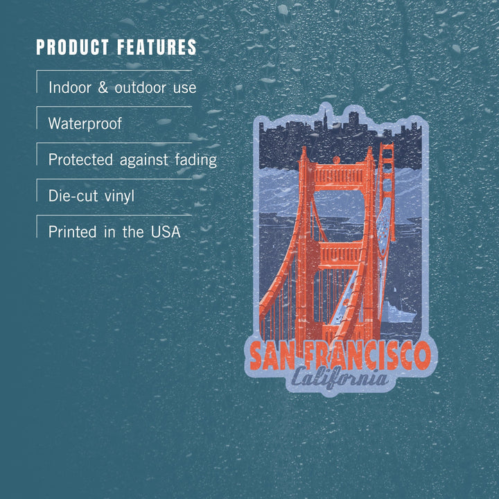 San Francisco, California, Golden Gate Bridge, Limited Palette, Contour, Vinyl Sticker Sticker Lantern Press 