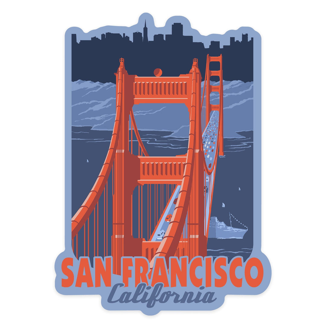 San Francisco, California, Golden Gate Bridge, Limited Palette, Contour, Vinyl Sticker Sticker Lantern Press 