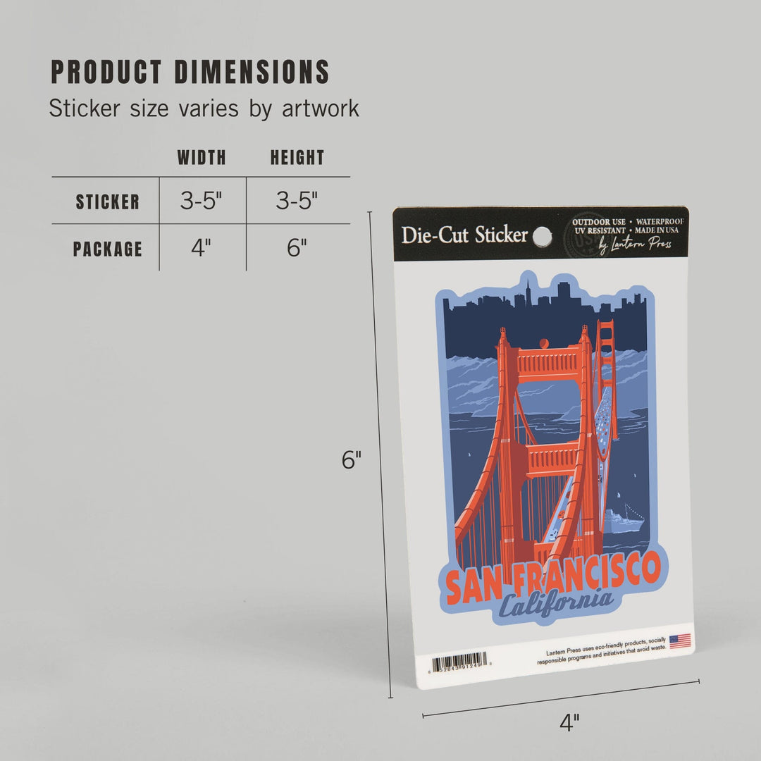 San Francisco, California, Golden Gate Bridge, Limited Palette, Contour, Vinyl Sticker Sticker Lantern Press 