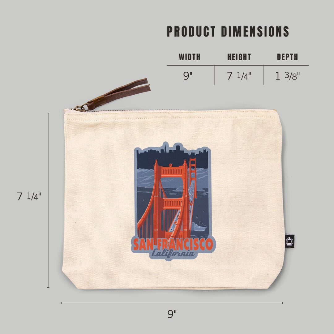 San Francisco, California, Golden Gate Bridge, Limited Palette,, Organic Cotton Zipper Pouch, Go Bag Go Bag Lantern Press 