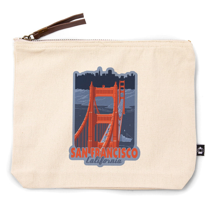 San Francisco, California, Golden Gate Bridge, Limited Palette,, Organic Cotton Zipper Pouch, Go Bag Go Bag Lantern Press 