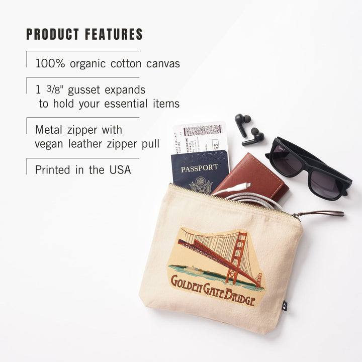San Francisco, California, Golden Gate Bridge,, Organic Cotton Zipper Pouch, Go Bag Go Bag Lantern Press 