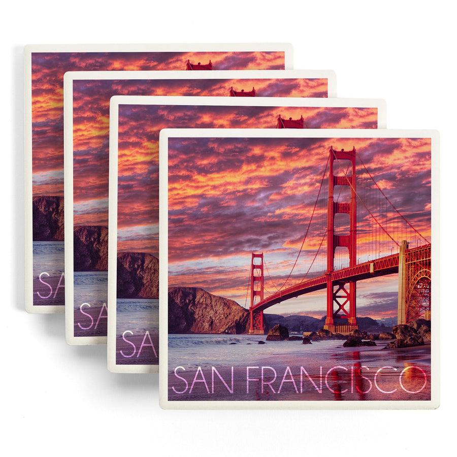 San Francisco, California, Golden Gate Bridge & Sunset, Lantern Press Photography, Coaster Set Coasters Lantern Press 