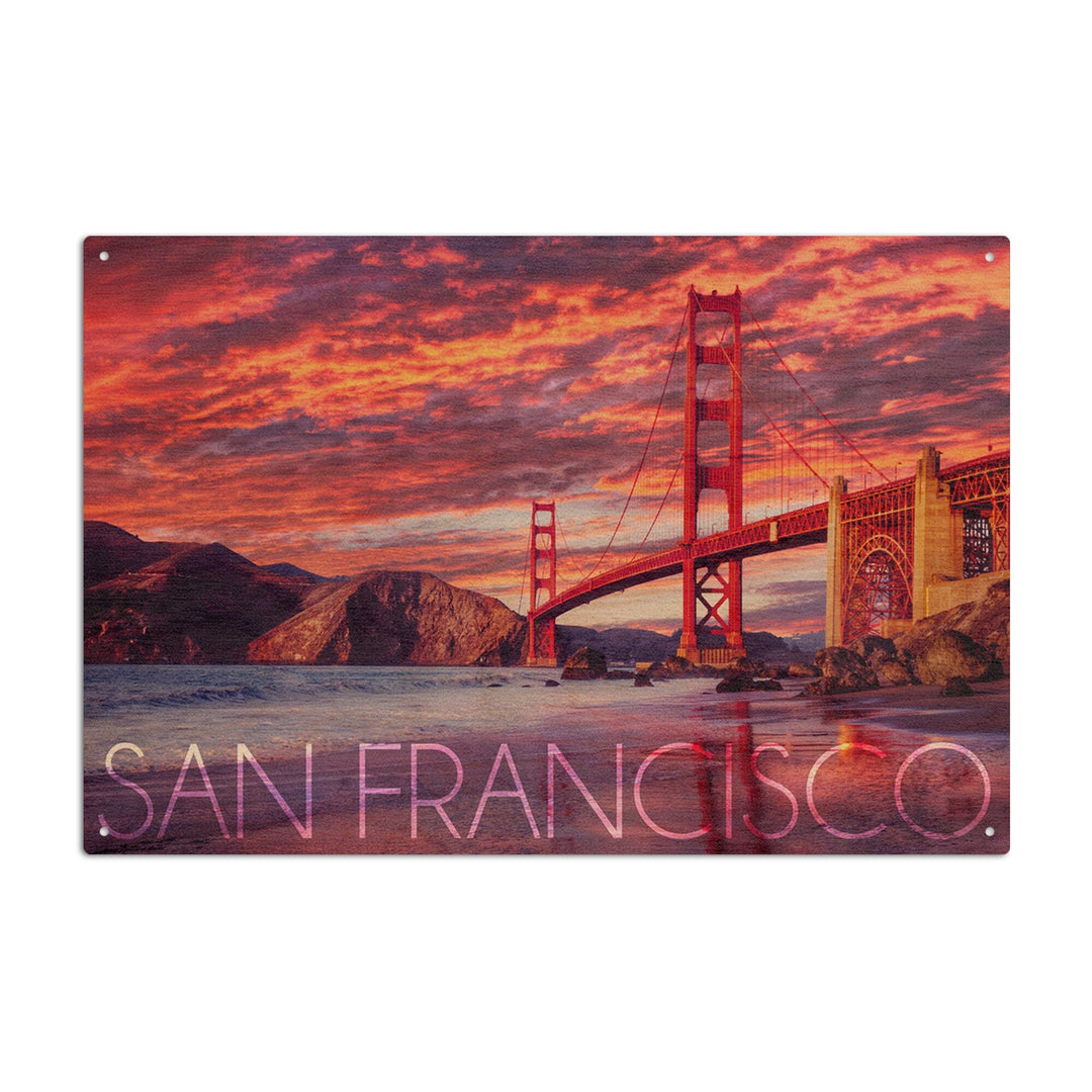 San Francisco, California, Golden Gate Bridge & Sunset, Lantern Press Photography, Wood Signs and Postcards Wood Lantern Press 10 x 15 Wood Sign 