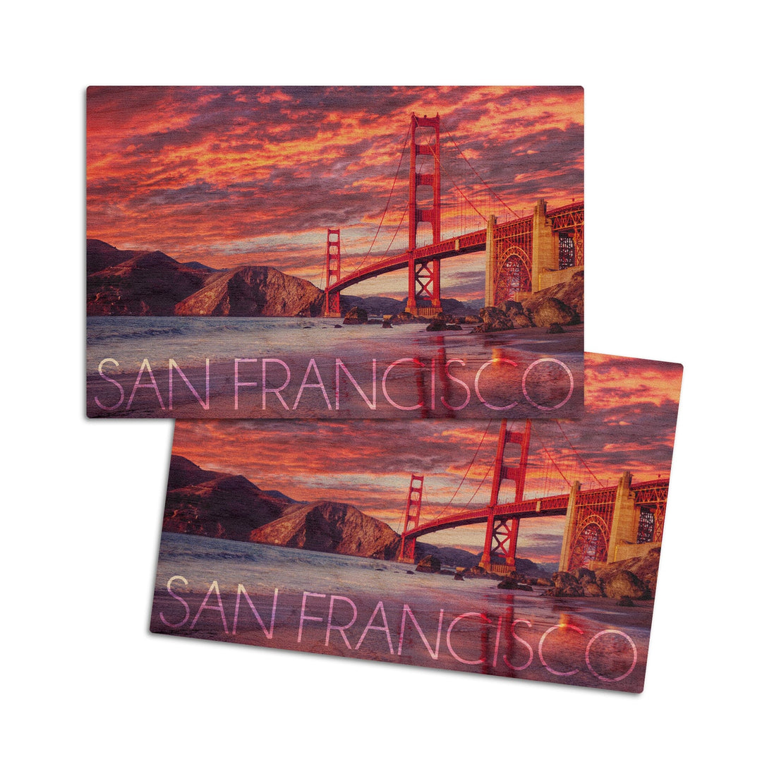 San Francisco, California, Golden Gate Bridge & Sunset, Lantern Press Photography, Wood Signs and Postcards Wood Lantern Press 4x6 Wood Postcard Set 