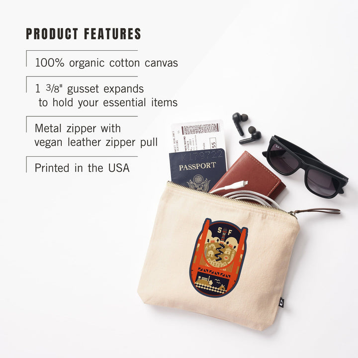 San Francisco, California, Icons of the City,, Organic Cotton Zipper Pouch, Go Bag Go Bag Lantern Press 