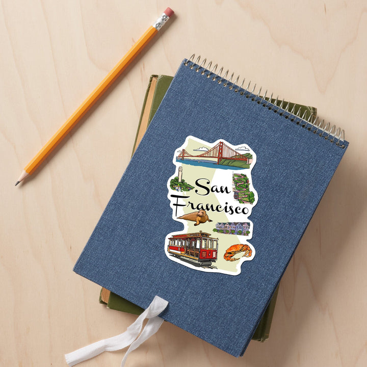 San Francisco, California, Landmarks and Icons, Contour, Vinyl Sticker Sticker Lantern Press 