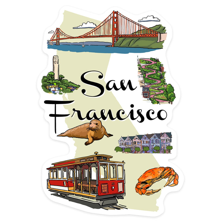 San Francisco, California, Landmarks and Icons, Contour, Vinyl Sticker Sticker Lantern Press 