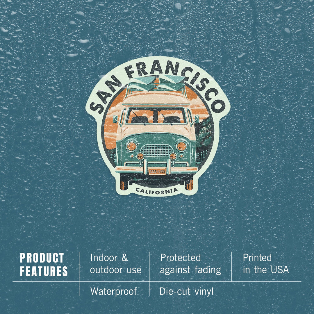 San Francisco, California, Letterpress, Camper Van, Beach, Contour, Vinyl Sticker Sticker Lantern Press 