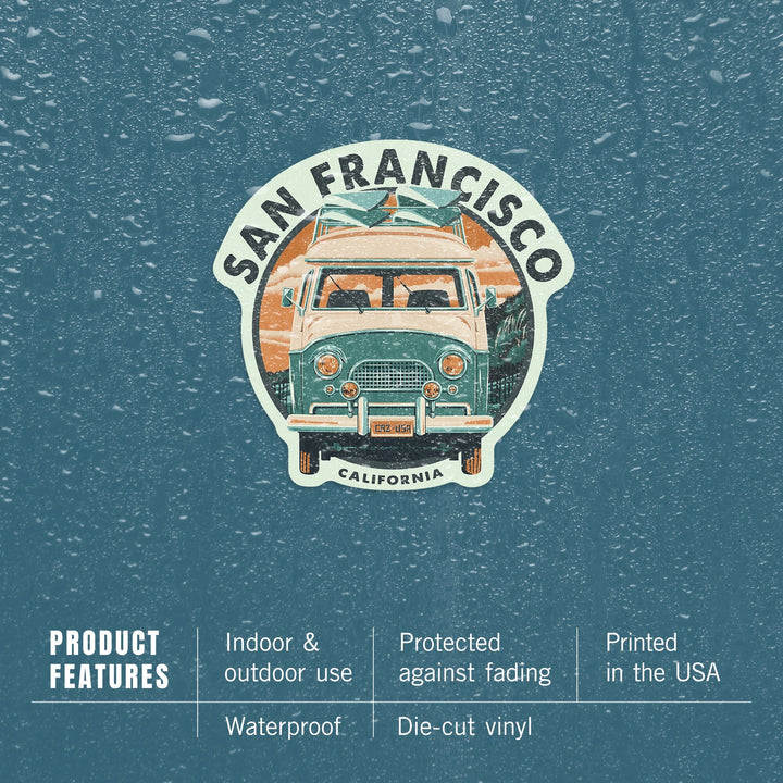 San Francisco, California, Letterpress, Camper Van, Beach, Contour, Vinyl Sticker Sticker Lantern Press 