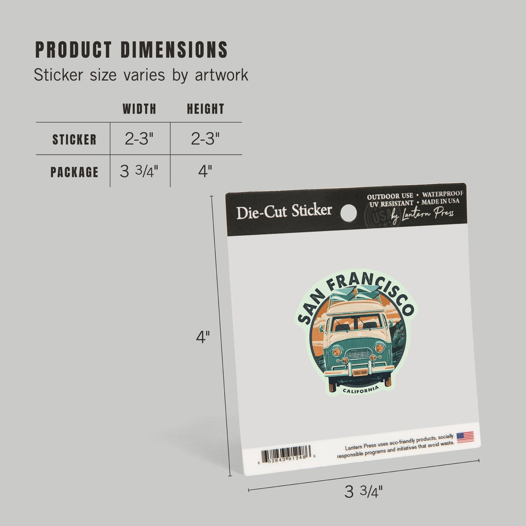 San Francisco, California, Letterpress, Camper Van, Beach, Contour, Vinyl Sticker Sticker Lantern Press 