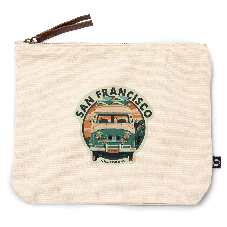 San Francisco, California, Letterpress, Camper Van, Beach,, Organic Cotton Zipper Pouch, Go Bag Go Bag Lantern Press 