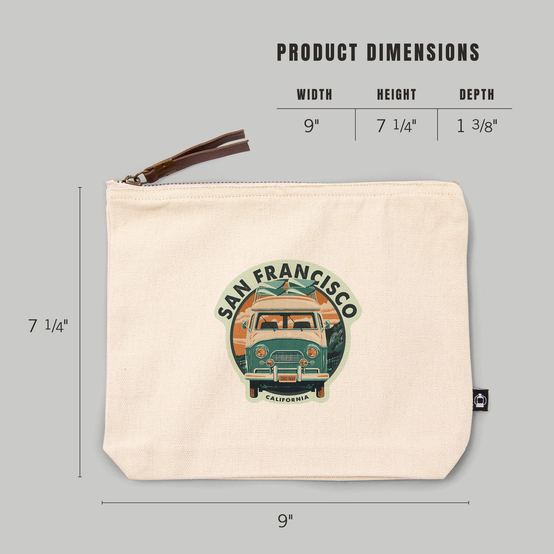 San Francisco, California, Letterpress, Camper Van, Beach,, Organic Cotton Zipper Pouch, Go Bag Go Bag Lantern Press 