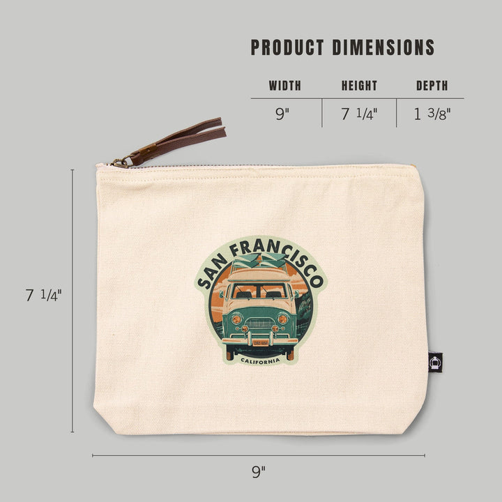 San Francisco, California, Letterpress, Camper Van, Beach,, Organic Cotton Zipper Pouch, Go Bag Go Bag Lantern Press 
