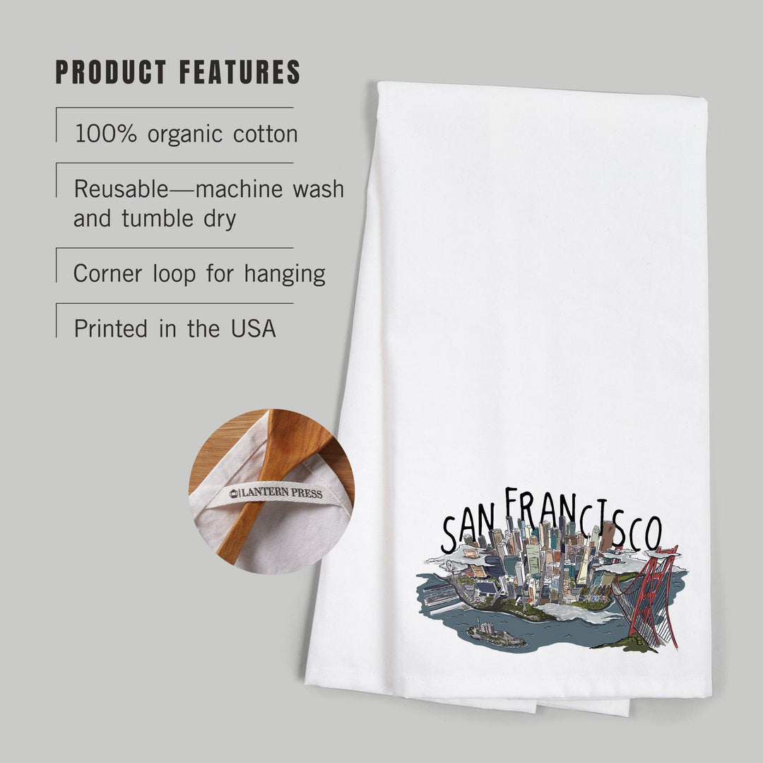 San Francisco, California, Line Drawing, Contour, Organic Cotton Kitchen Tea Towels Kitchen Lantern Press 