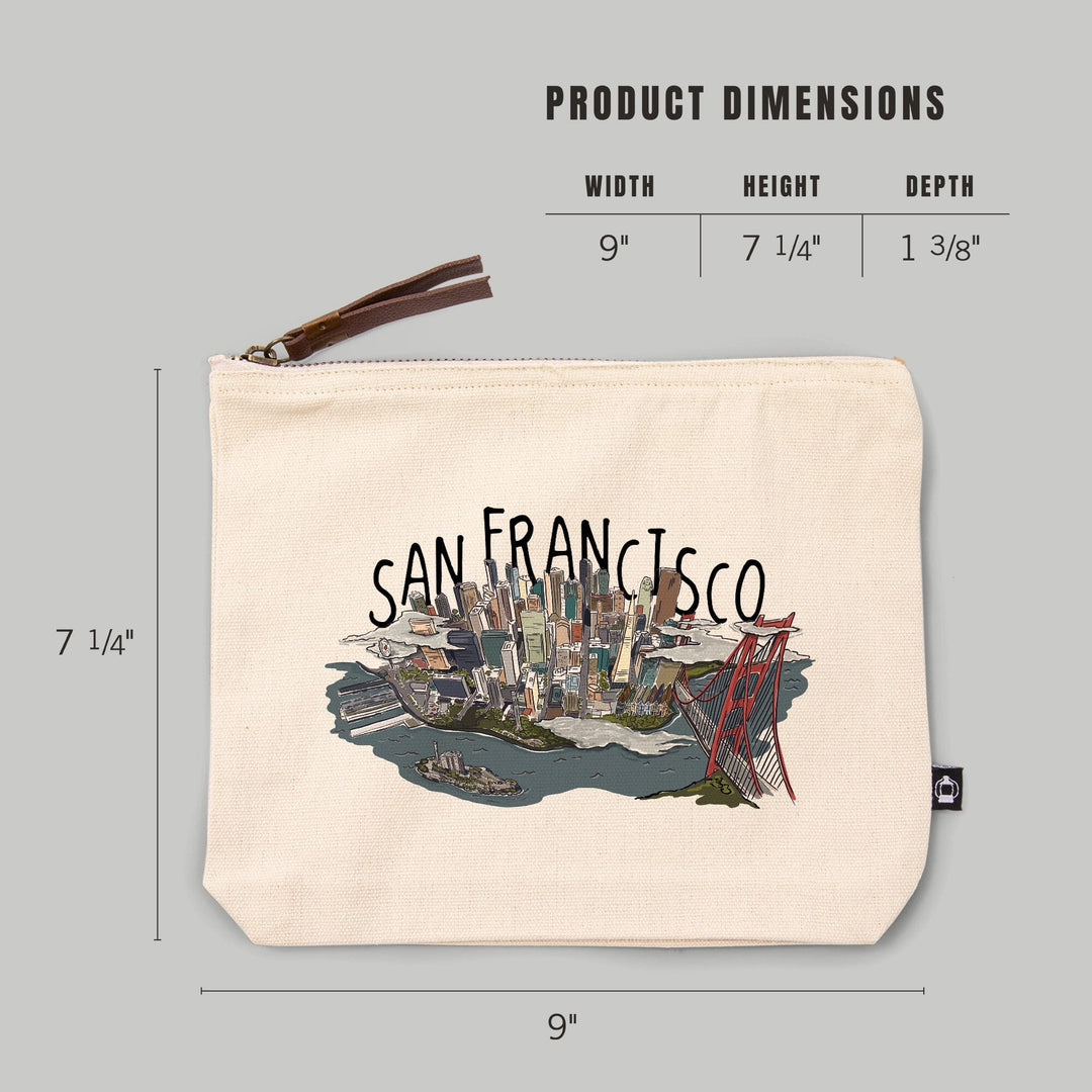 San Francisco, California, Line Drawing,, Organic Cotton Zipper Pouch, Go Bag Go Bag Lantern Press 