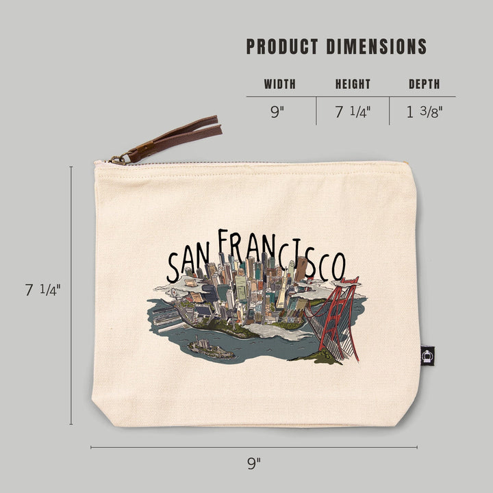 San Francisco, California, Line Drawing,, Organic Cotton Zipper Pouch, Go Bag Go Bag Lantern Press 