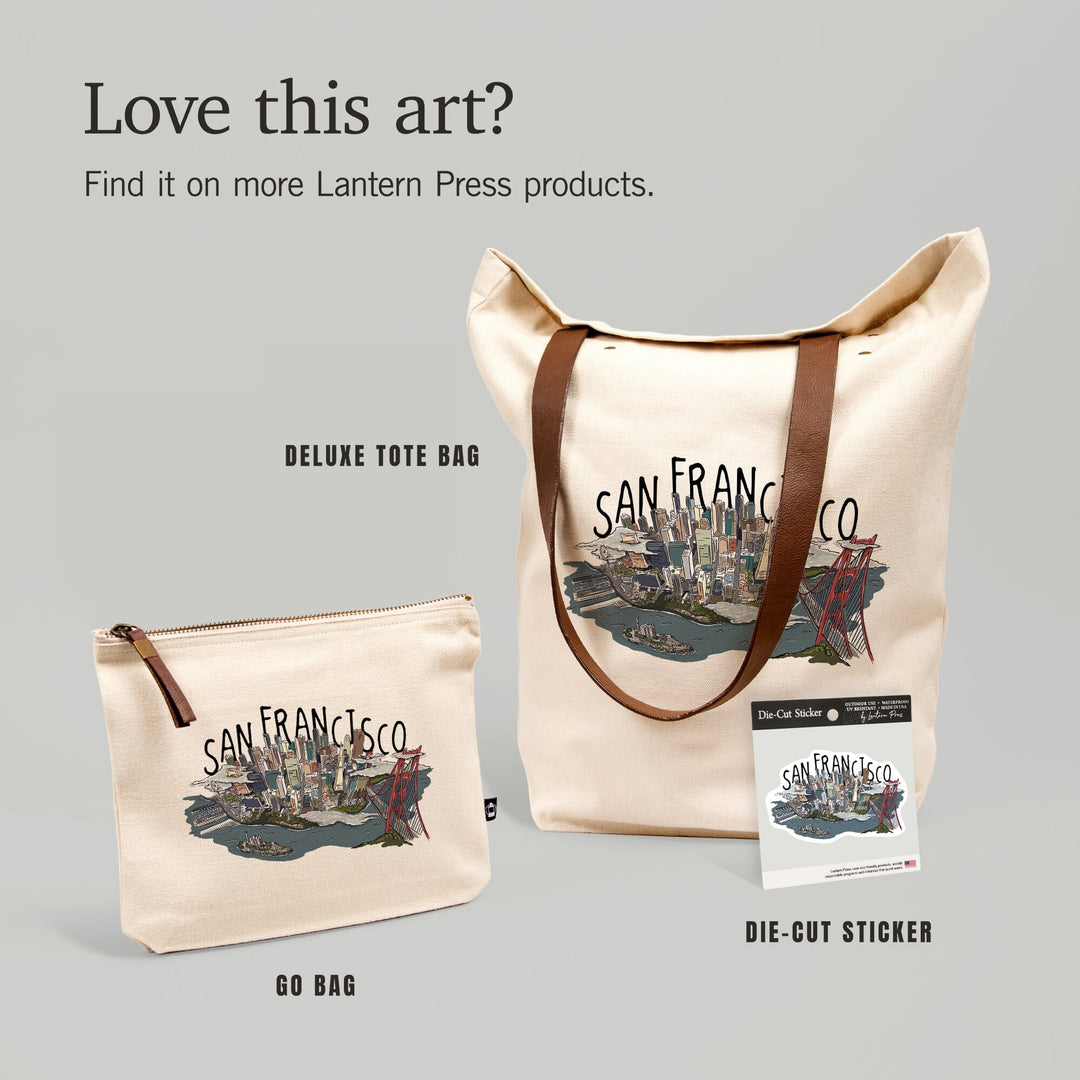 San Francisco, California, Line Drawing,, Organic Cotton Zipper Pouch, Go Bag Go Bag Lantern Press 