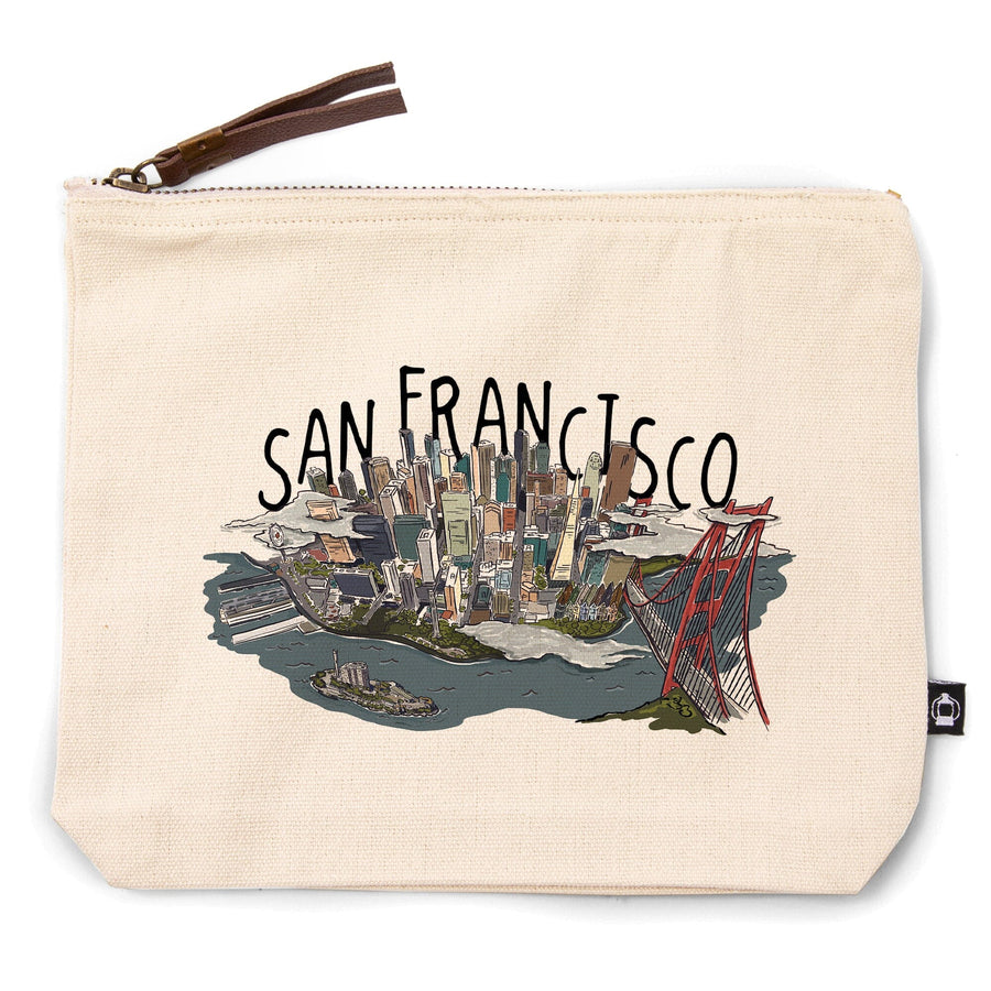 San Francisco, California, Line Drawing,, Organic Cotton Zipper Pouch, Go Bag Go Bag Lantern Press 